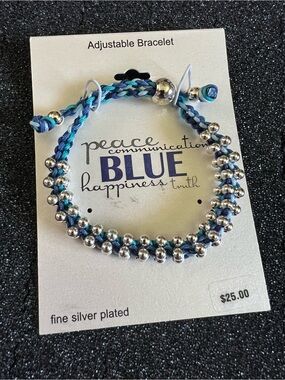 Adjustable Blue braided cord bracelet decorated with fine silver-plated beads